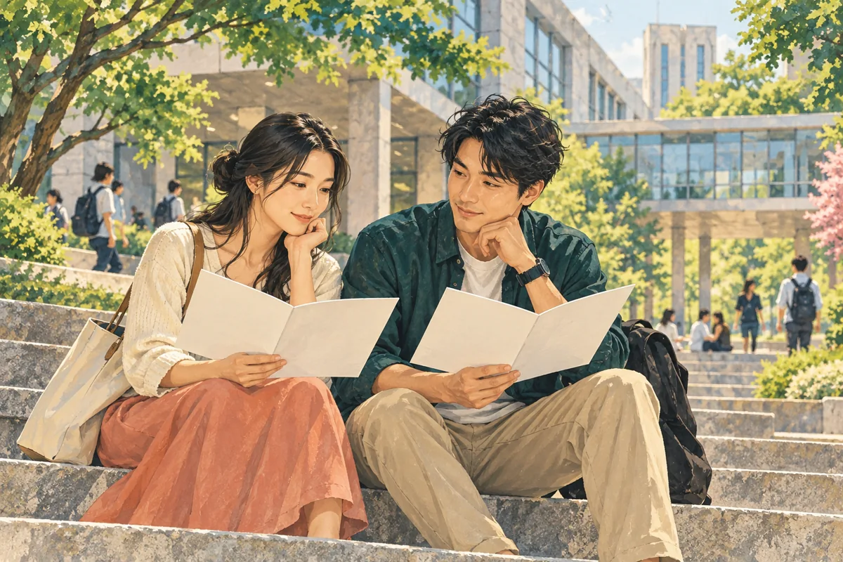 兩位學生在校園討論學校資訊