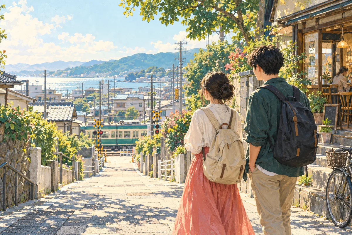 兩位背著背包的留學生走在陽光灑落的日本街道，遠處電車經過