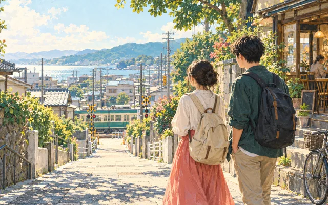 留學生走在陽光灑落的日本街道